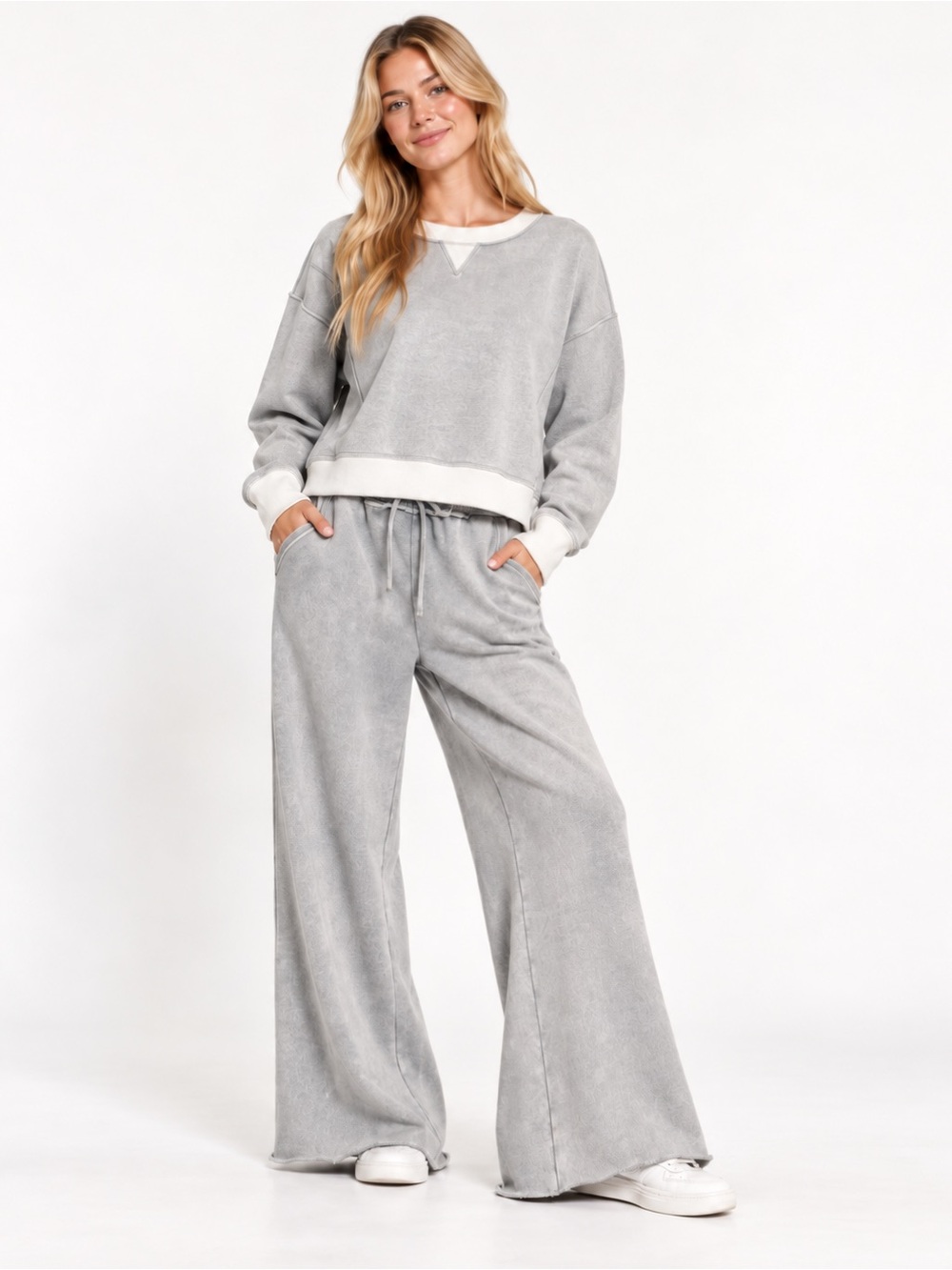 Zenana Gray Acid Wash Fleece Wide Leg Pants & Sweatshirt Oversized Set